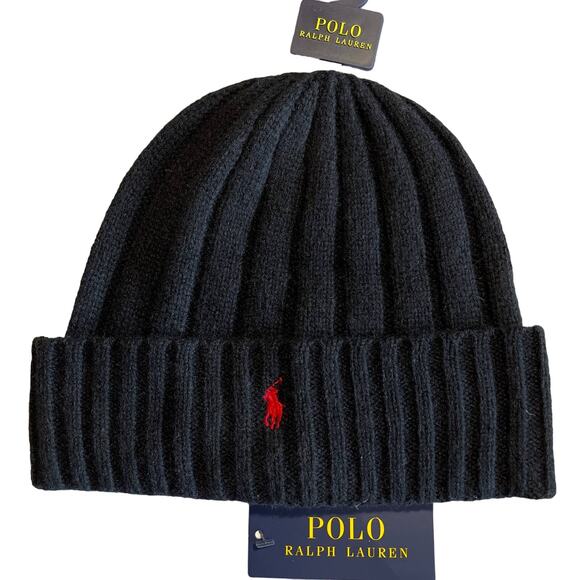 Polo Ralph Lauren Beanie Mens Black Red Pony Wool Blend Rib Knit Cuff NEW - Picture 1 of 2
